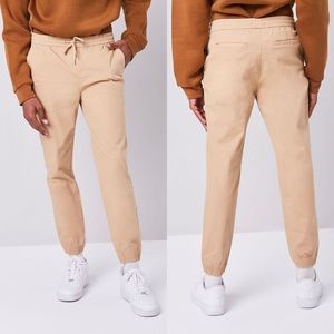 Twill Drawstring Joggers Trousers in Tan Khaki